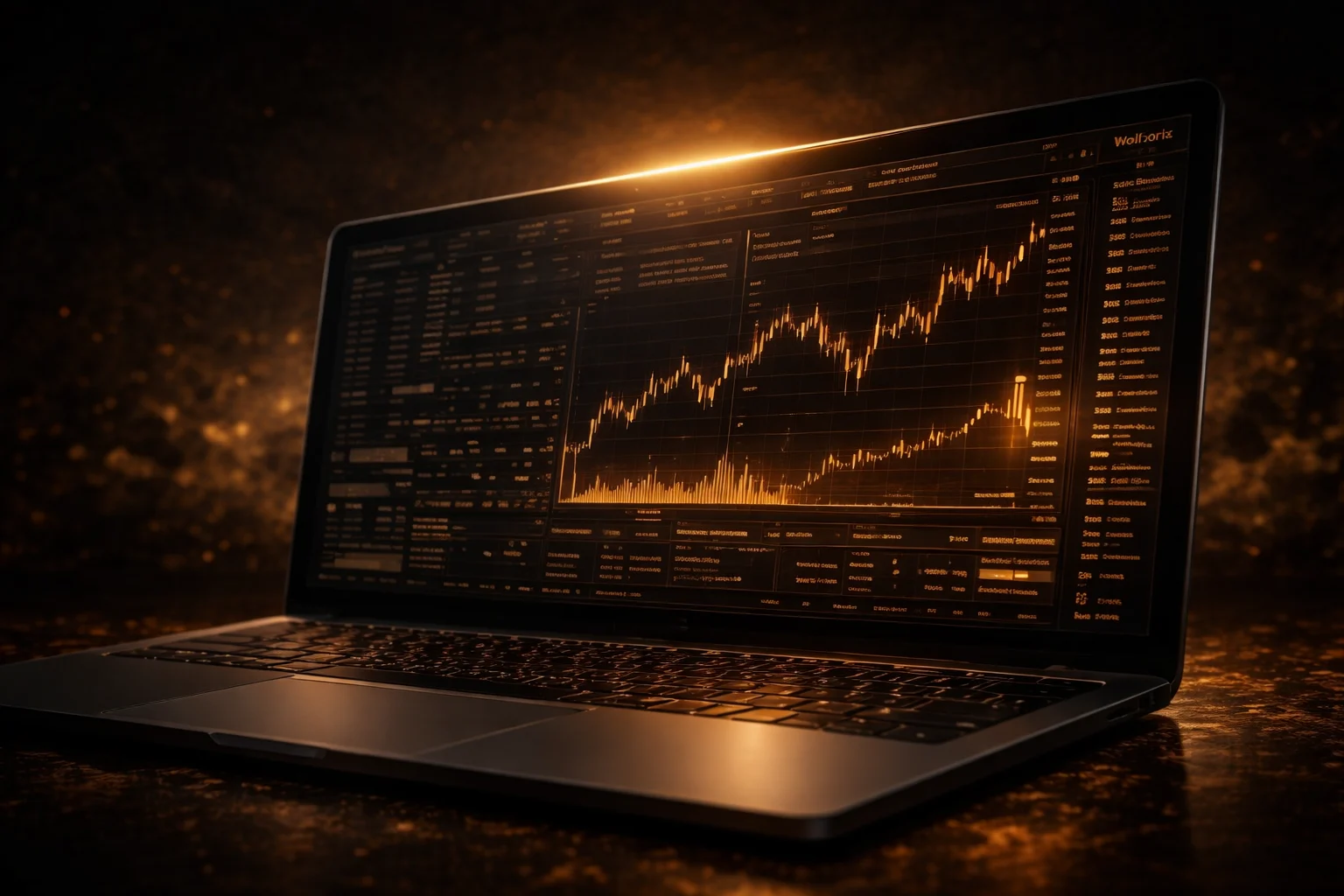 Laptop-style trading interface with chart and market panels